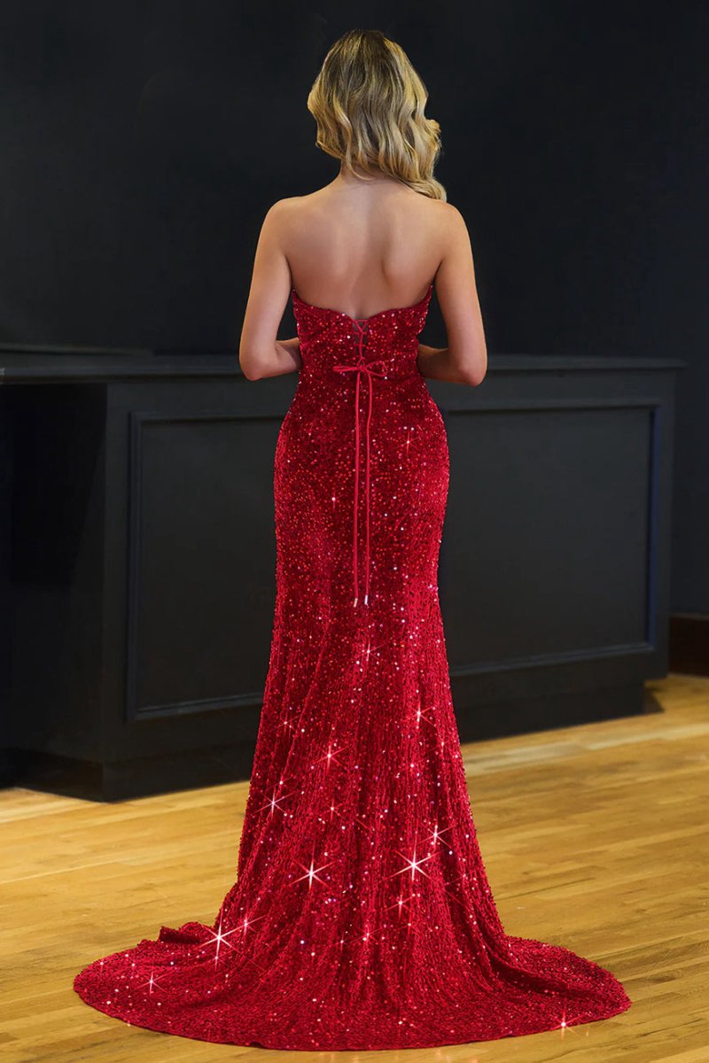 Mermaid Strapless Sequins Long Prom Dresses with Slit
