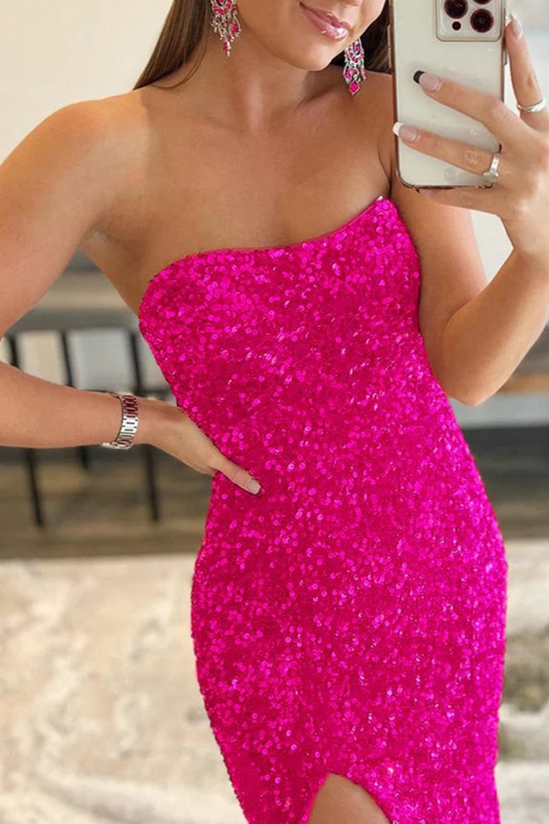 Mermaid Strapless Sequins Long Prom Dresses with Slit