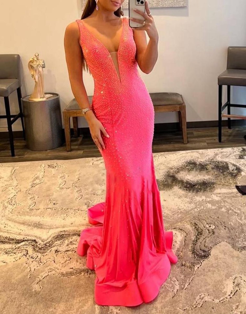 Mermaid V-neck Beaded Mermaid Prom Dresses