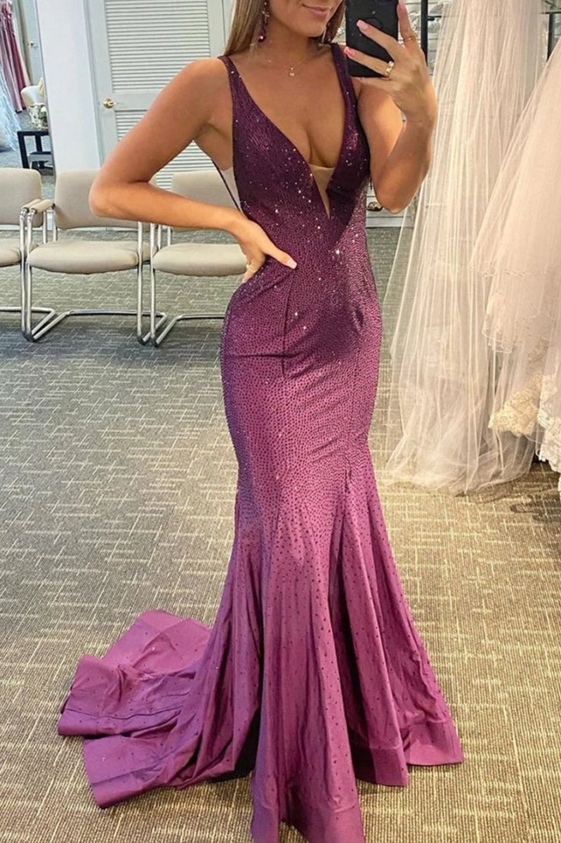 Mermaid V-neck Beaded Mermaid Prom Dresses