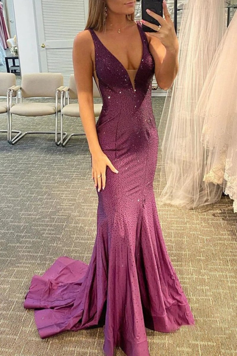 Mermaid V-neck Beaded Mermaid Prom Dresses