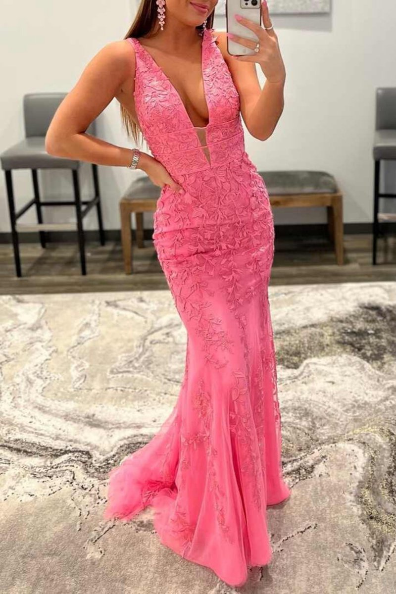 Mermaid Plunge V Neck Lace Prom Dresses