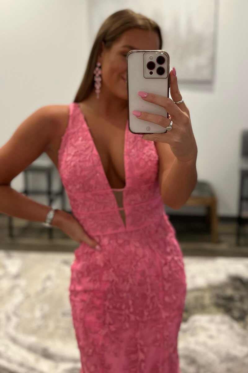 Mermaid Plunge V Neck Lace Prom Dresses