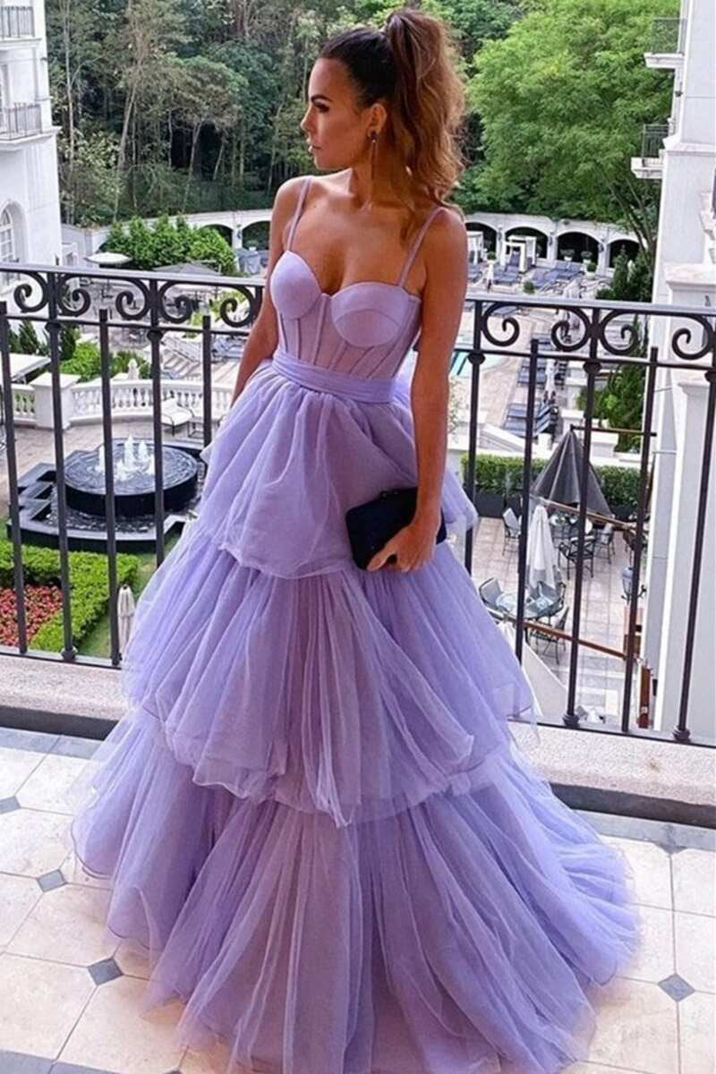 A-line Tie Ruffled Long Tulle Prom Dresses