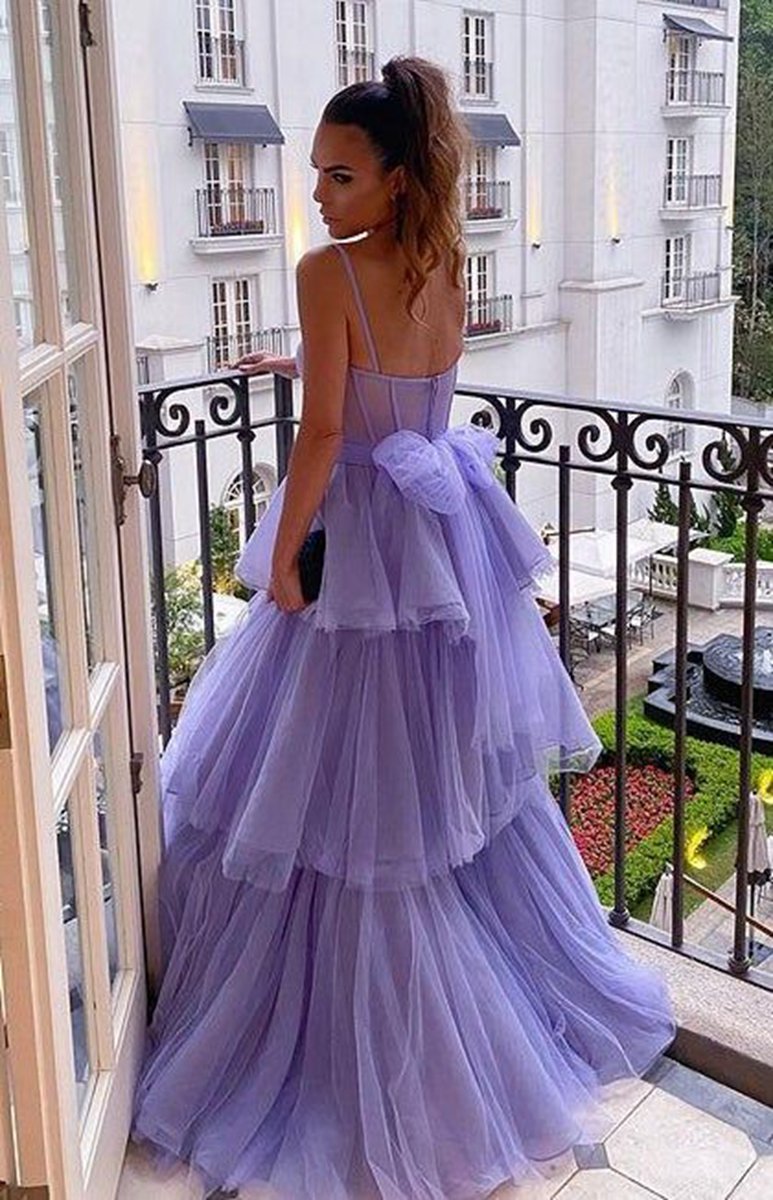A-line Tie Ruffled Long Tulle Prom Dresses