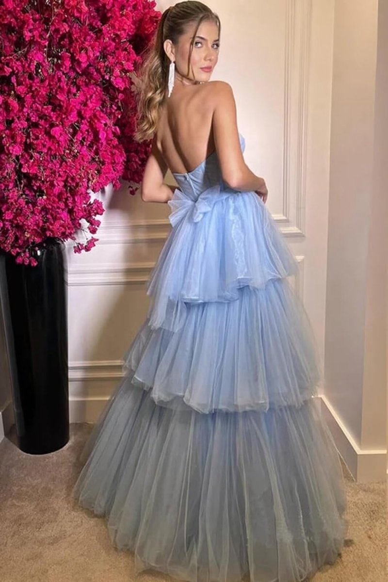 A-line Tie Ruffled Long Tulle Prom Dresses