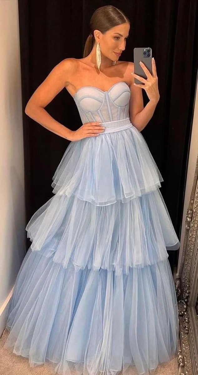 A-line Tie Ruffled Long Tulle Prom Dresses