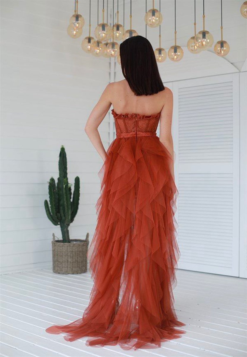 Elegant Rust Tie Ruffles Tulle Prom Dresses