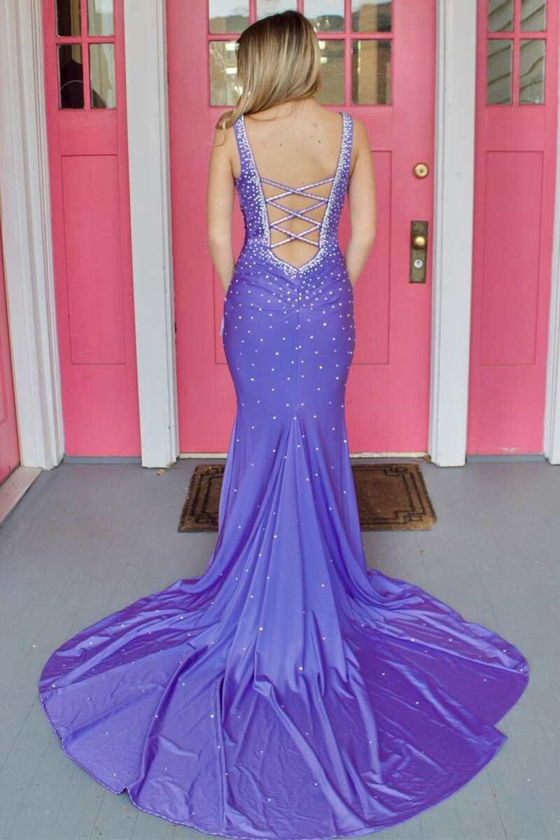 Mermaid V-Neck Beaded Satin Prom Dresses with Cross Back
