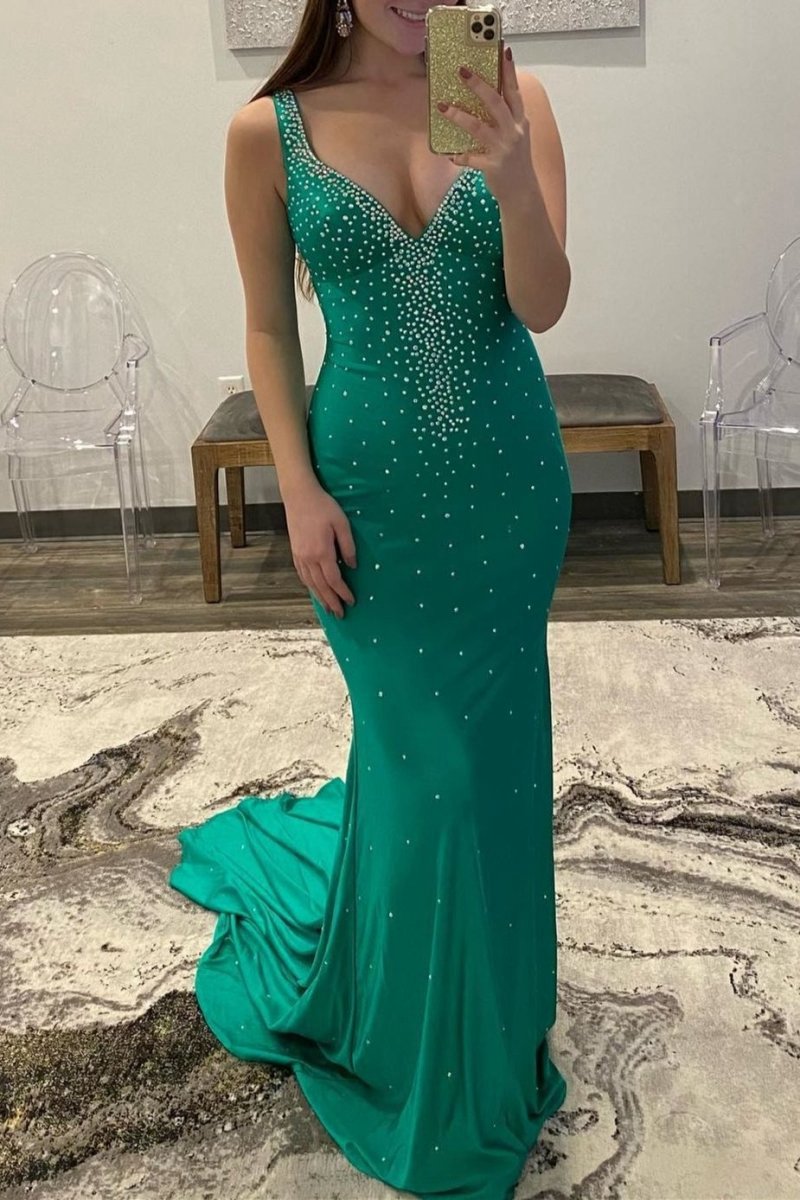 Mermaid V-Neck Beaded Satin Prom Dresses with Cross Back