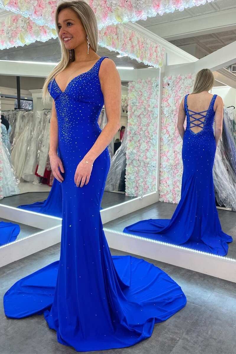 Mermaid V-Neck Beaded Satin Prom Dresses with Cross Back