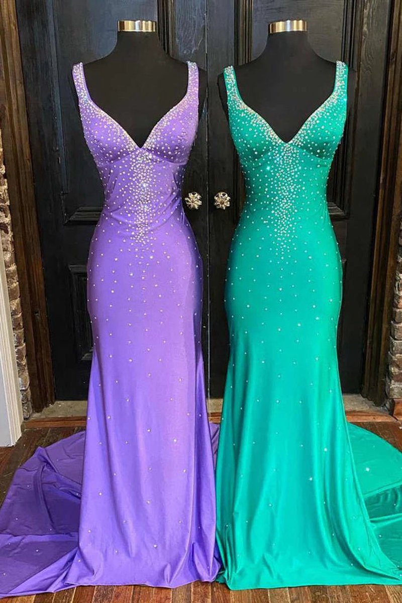 Mermaid V-Neck Beaded Satin Prom Dresses with Cross Back
