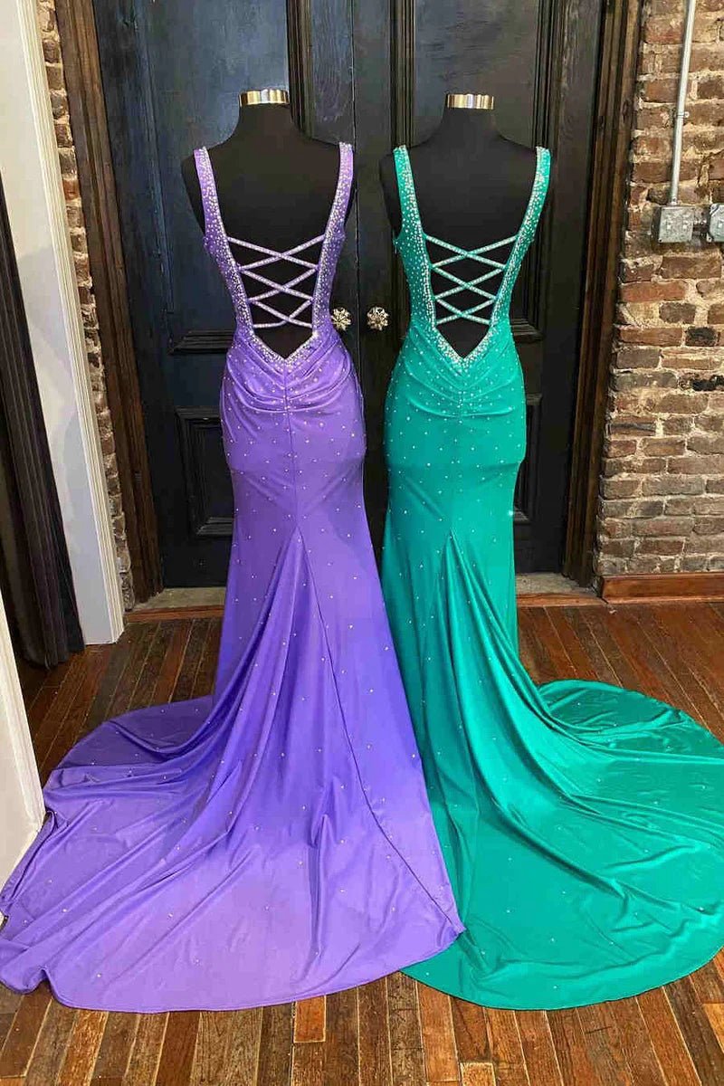 Mermaid V-Neck Beaded Satin Prom Dresses with Cross Back