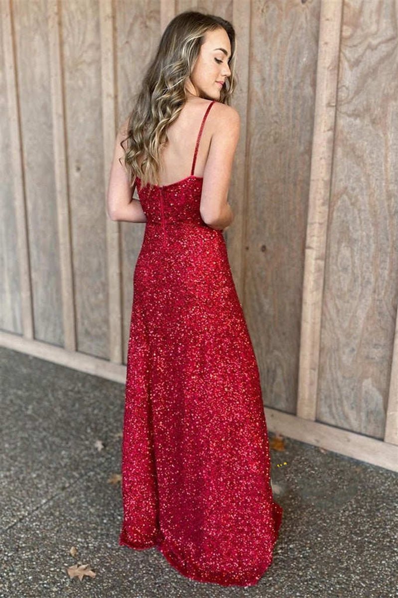 Spaghetti Straps Sequins Long Prom Dresses