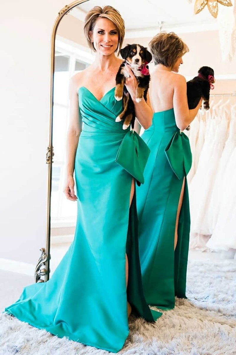 Mermaid Strapless Long Satin Prom Dresses with Bow Tie