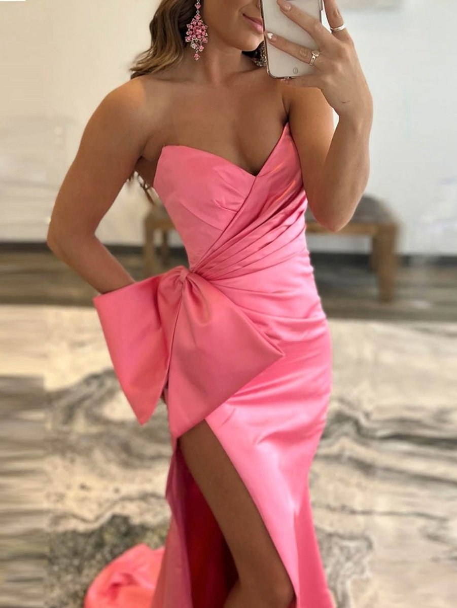 Mermaid Strapless Long Satin Prom Dresses with Bow Tie