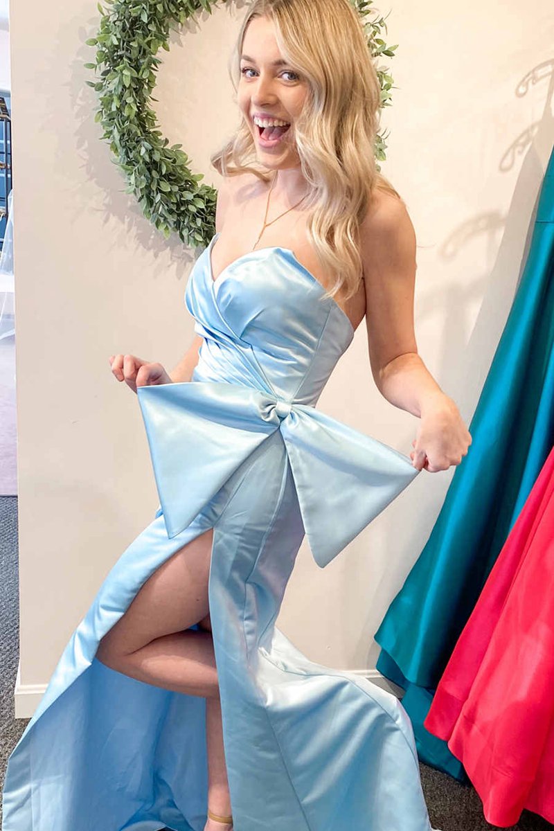 Mermaid Strapless Long Satin Prom Dresses with Bow Tie