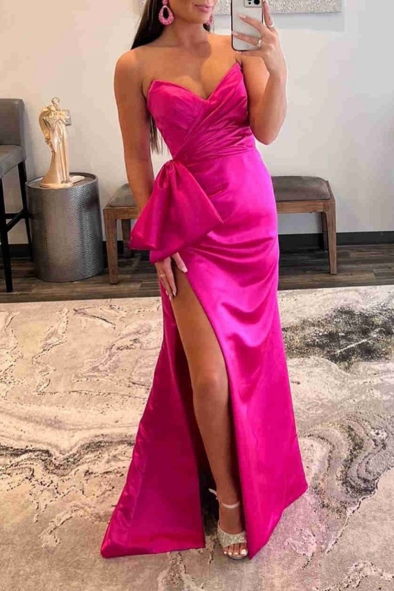 Mermaid Strapless Long Satin Prom Dresses with Bow Tie