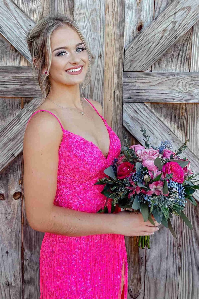 Glitter V-Neck Long Prom Dresses with Tassel