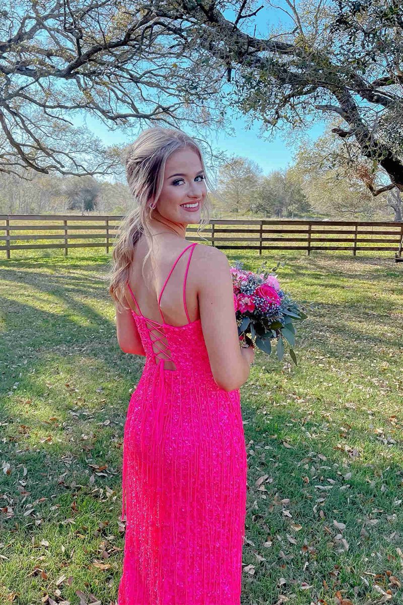 Glitter V-Neck Long Prom Dresses with Tassel