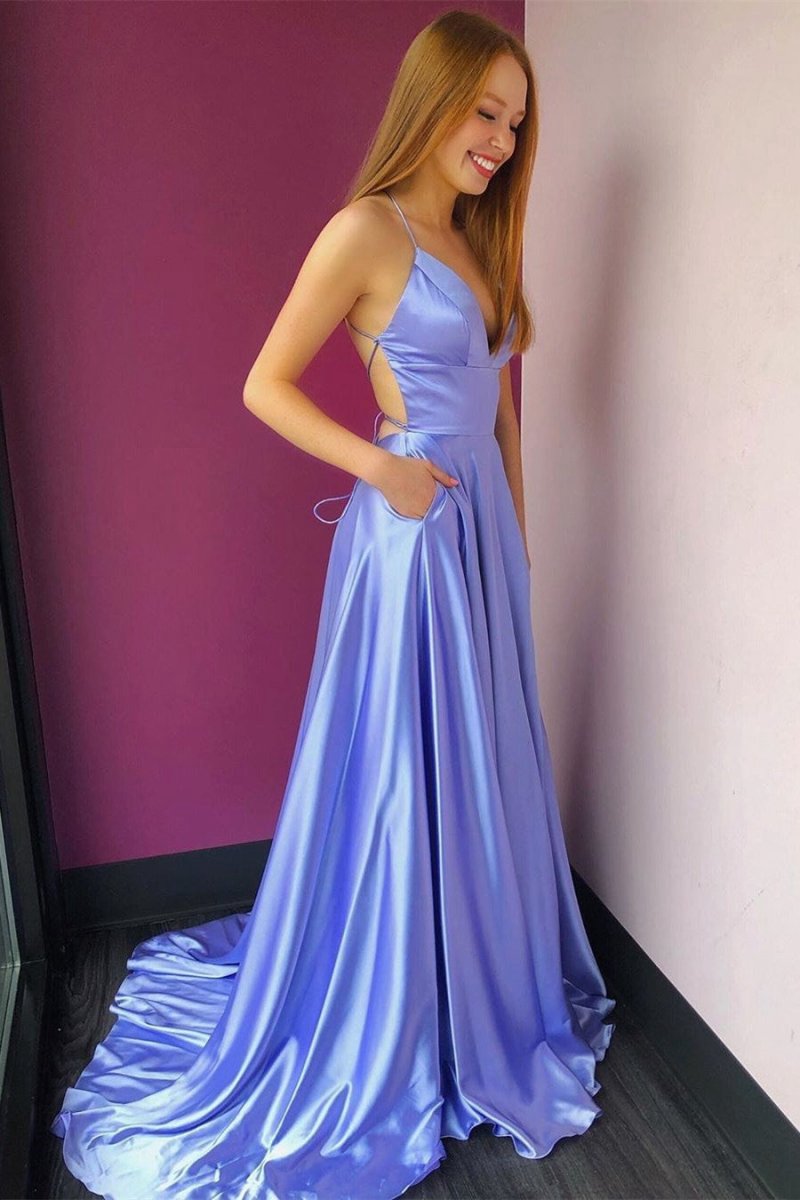 Simple High Slit Long Prom Dresses with Pockets