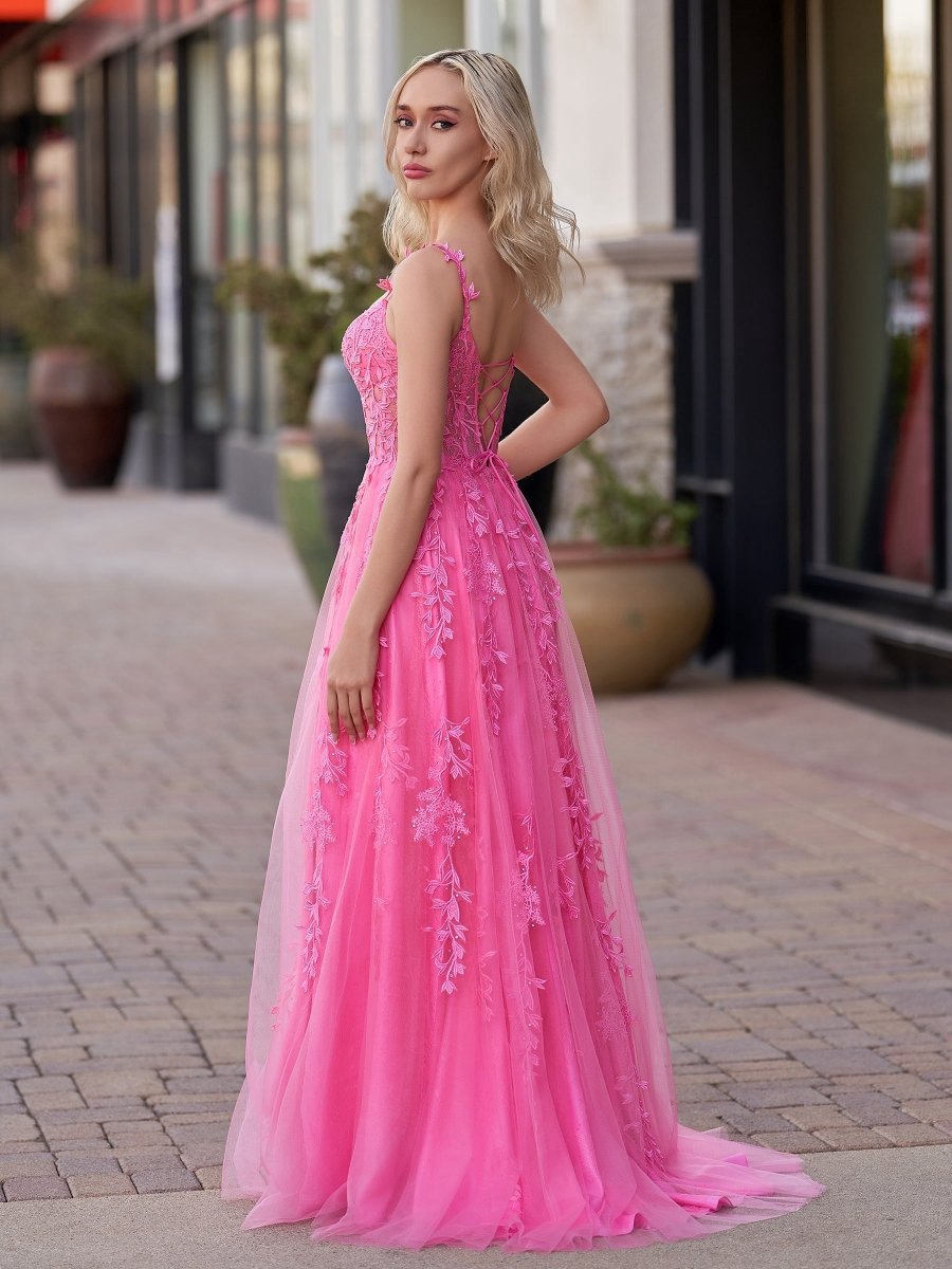 A-line Sweetheart Lace Tulle Prom Dresses with Slit