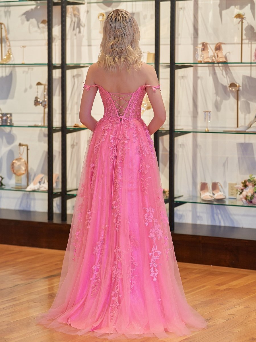 A-line Sweetheart Lace Tulle Prom Dresses with Slit