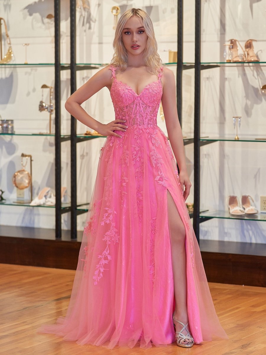 A-line Sweetheart Lace Tulle Prom Dresses with Slit