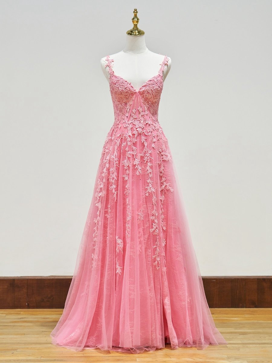 A-line Sweetheart Lace Tulle Prom Dresses with Slit