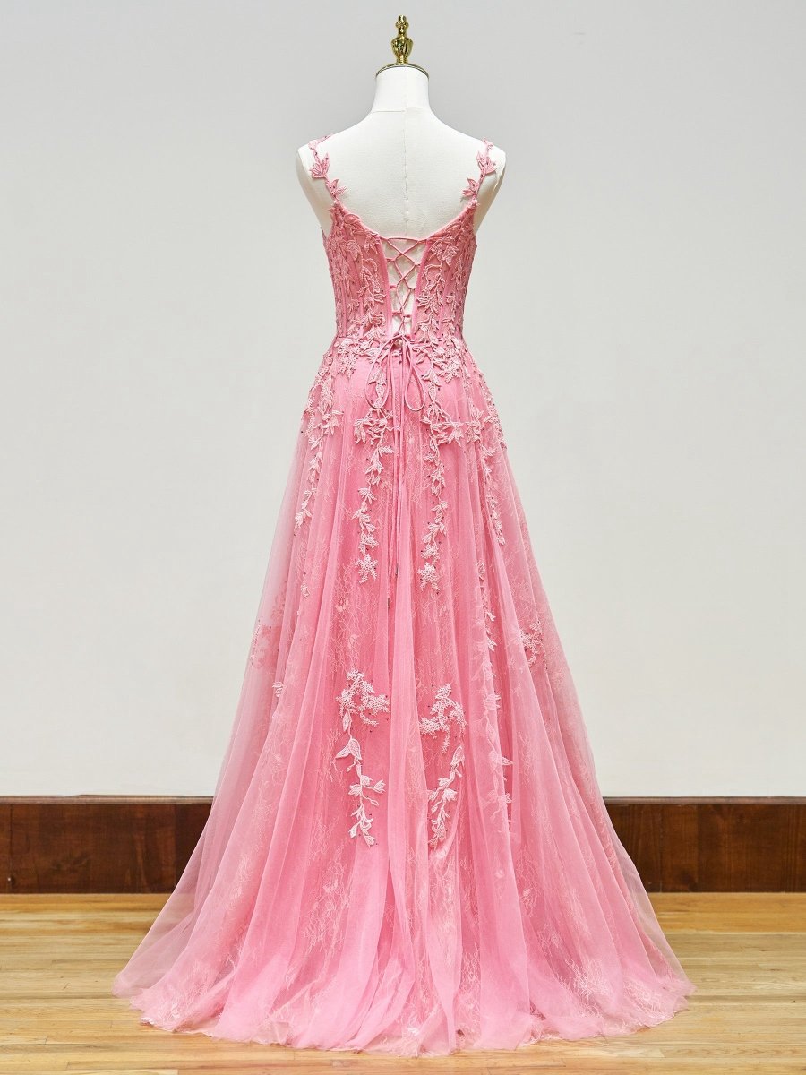 A-line Sweetheart Lace Tulle Prom Dresses with Slit