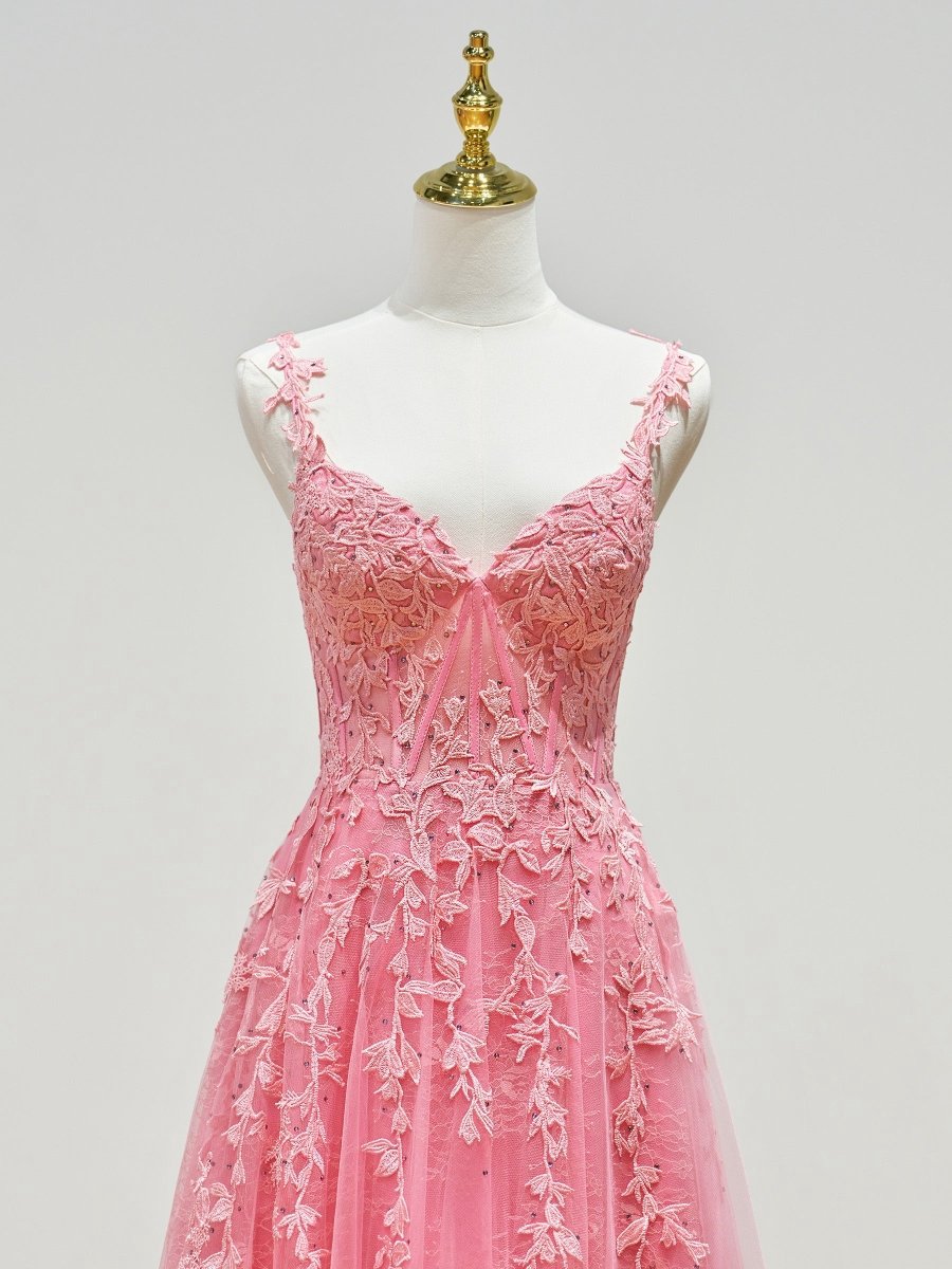 A-line Sweetheart Lace Tulle Prom Dresses with Slit