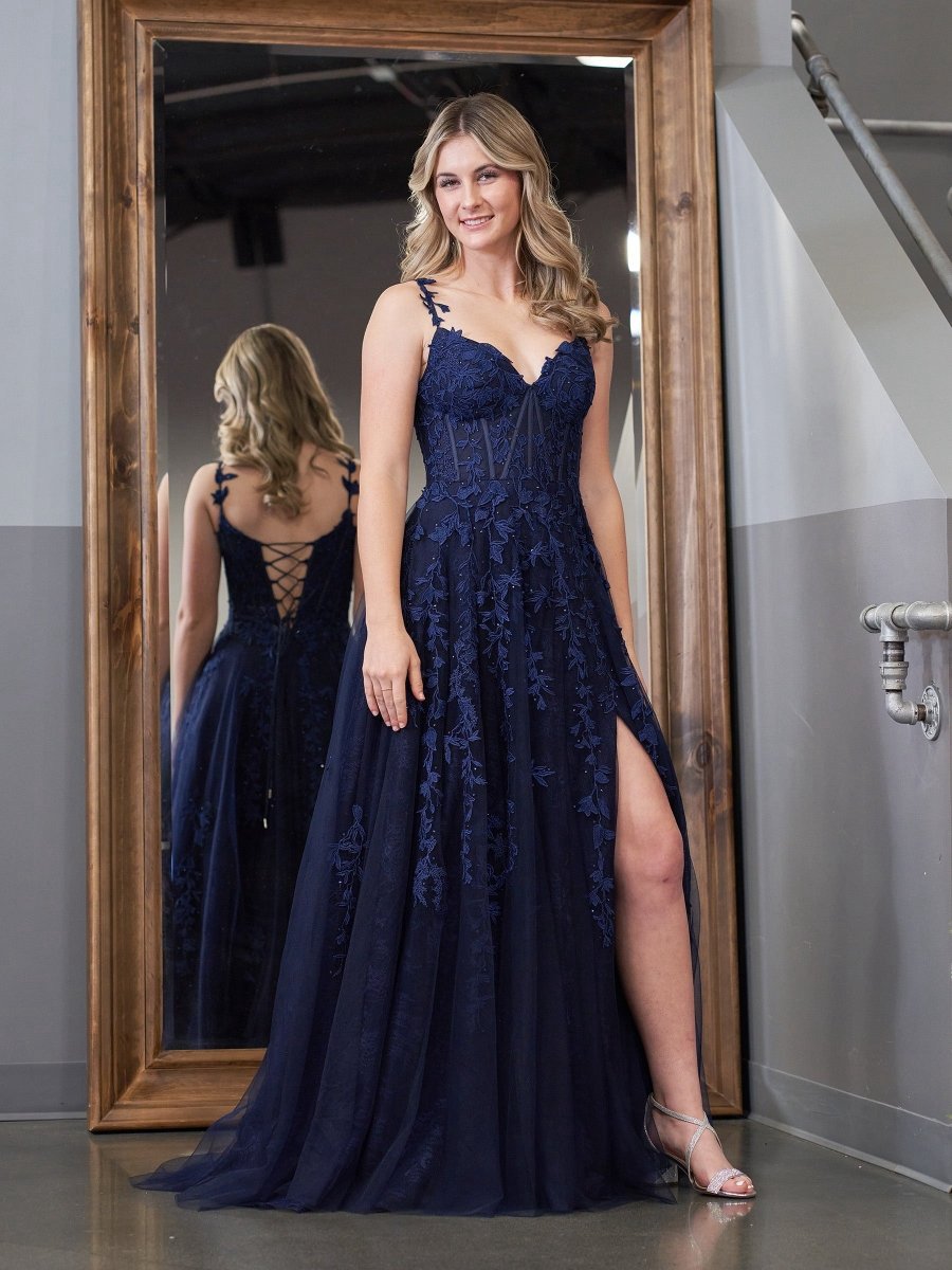 A-line Sweetheart Lace Tulle Prom Dresses with Slit