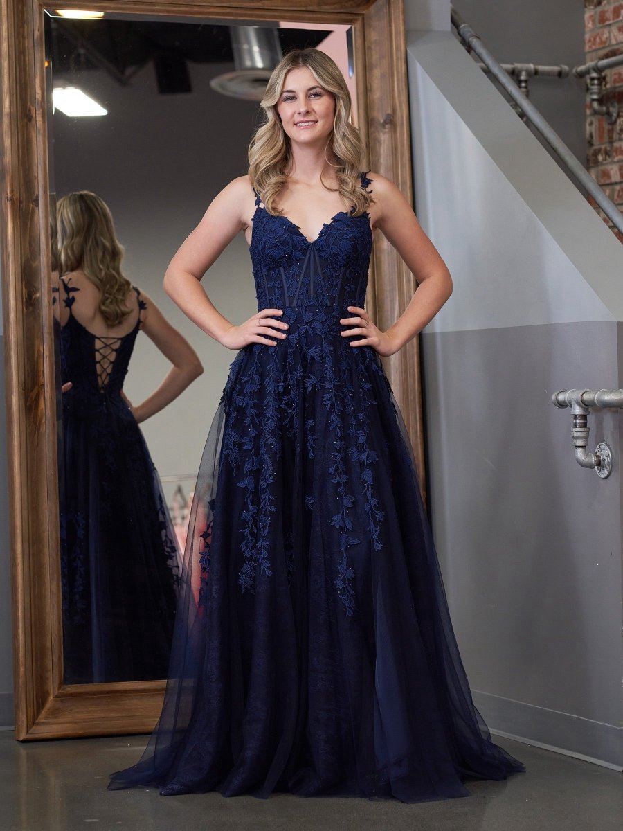 A-line Sweetheart Lace Tulle Prom Dresses with Slit