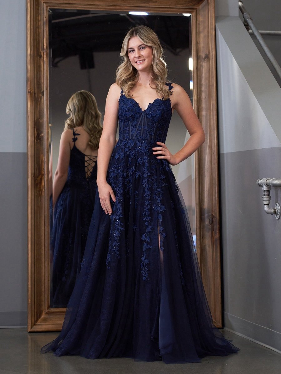 A-line Sweetheart Lace Tulle Prom Dresses with Slit