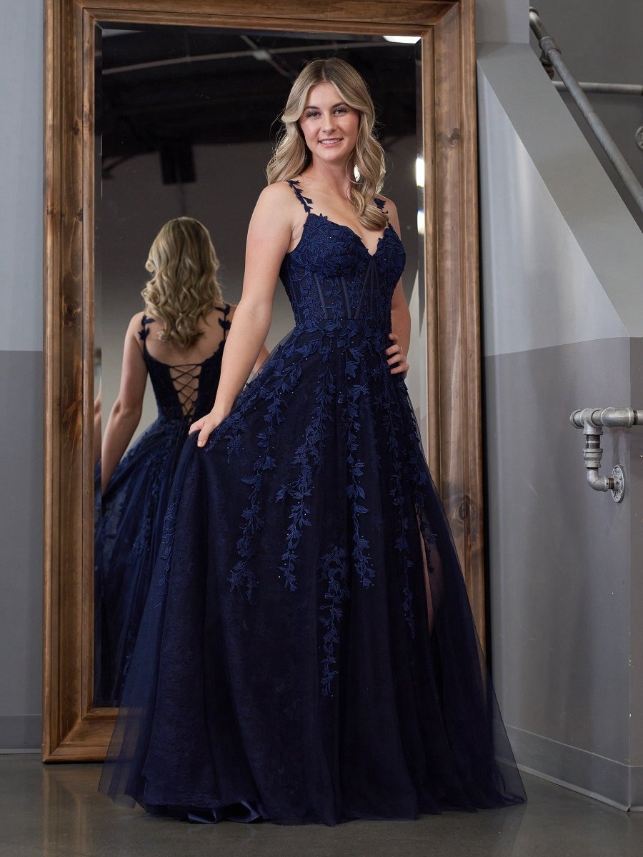 A-line Sweetheart Lace Tulle Prom Dresses with Slit