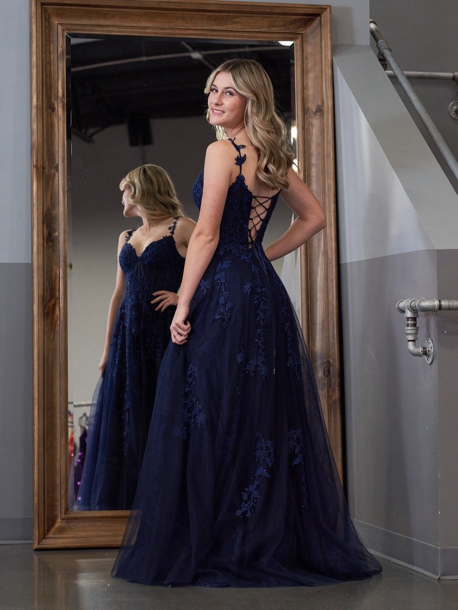 A-line Sweetheart Lace Tulle Prom Dresses with Slit