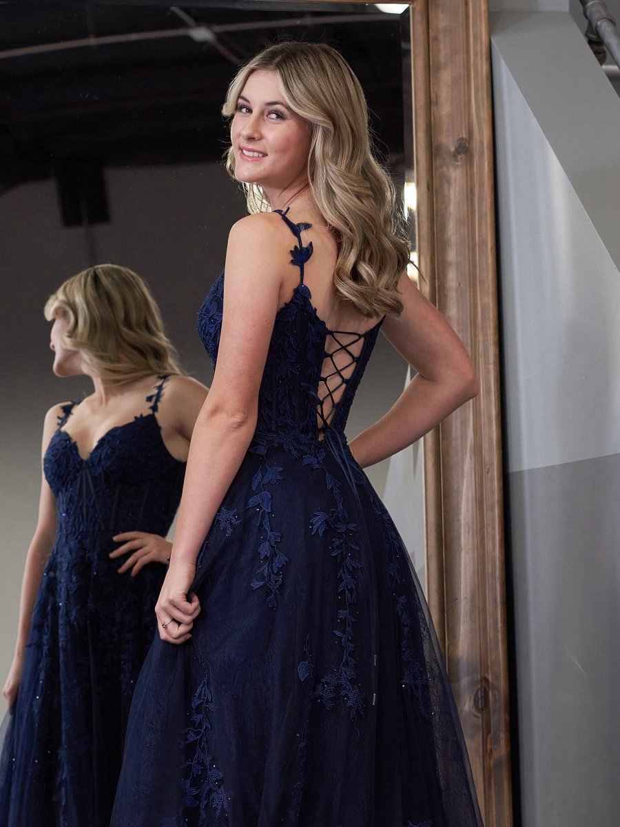 A-line Sweetheart Lace Tulle Prom Dresses with Slit