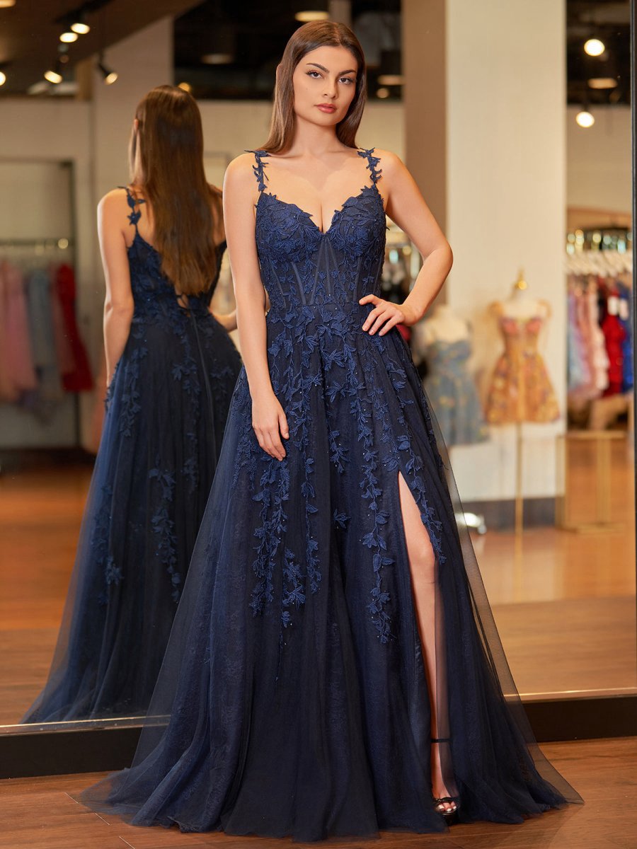 A-line Sweetheart Lace Tulle Prom Dresses with Slit