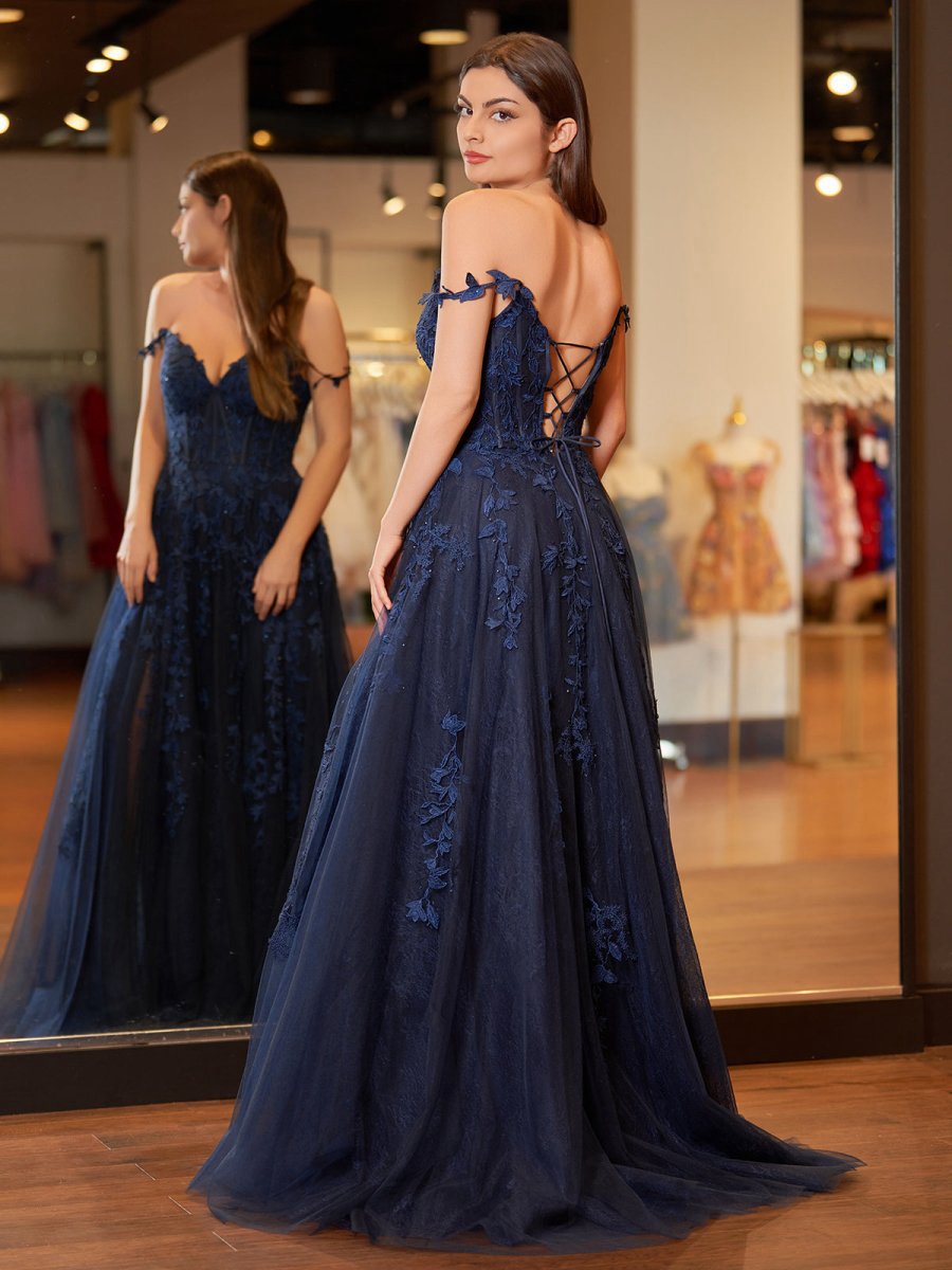 A-line Sweetheart Lace Tulle Prom Dresses with Slit