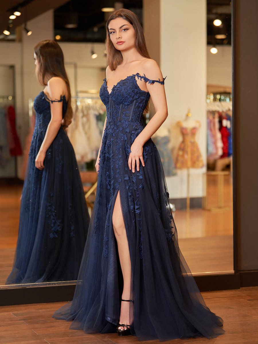A-line Sweetheart Lace Tulle Prom Dresses with Slit
