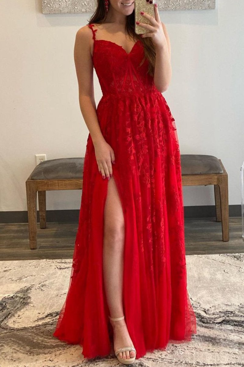 A-line Sweetheart Lace Tulle Prom Dresses with Slit