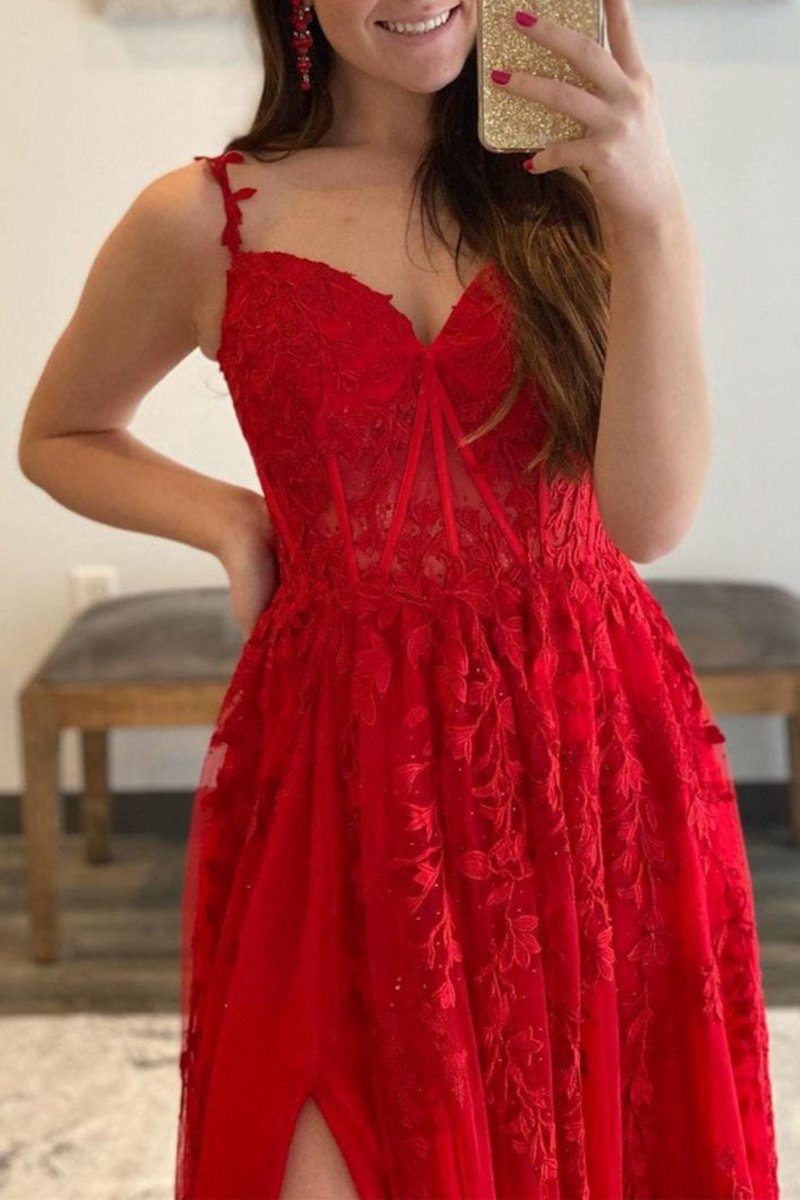 A-line Sweetheart Lace Tulle Prom Dresses with Slit