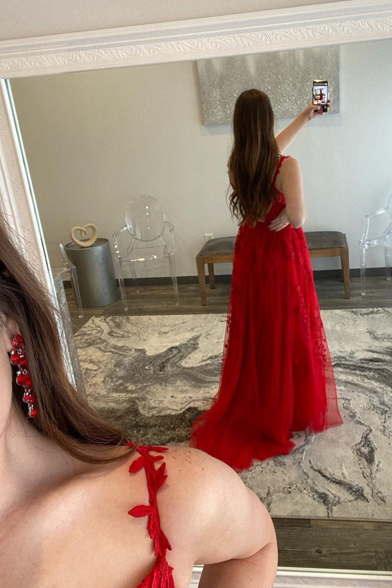 A-line Sweetheart Lace Tulle Prom Dresses with Slit