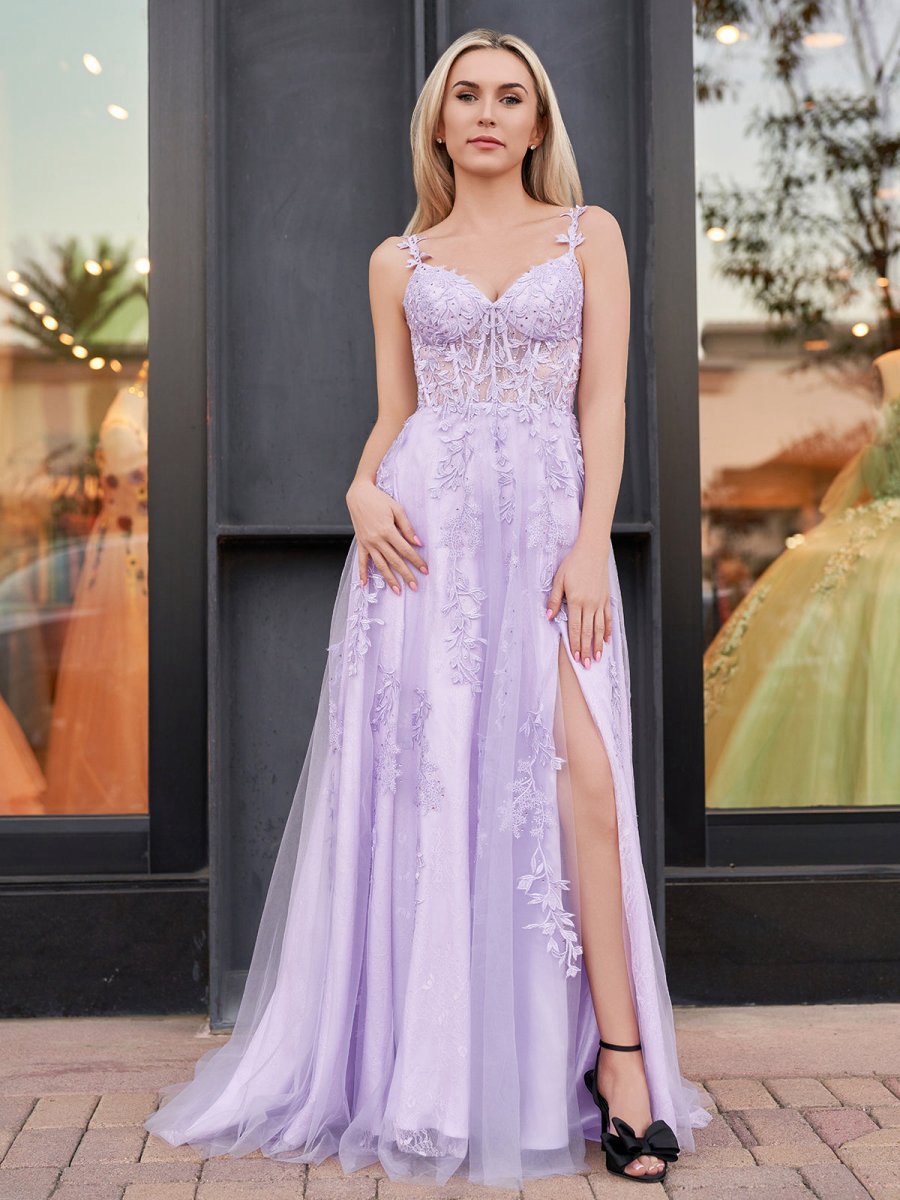 A-line Sweetheart Lace Tulle Prom Dresses with Slit