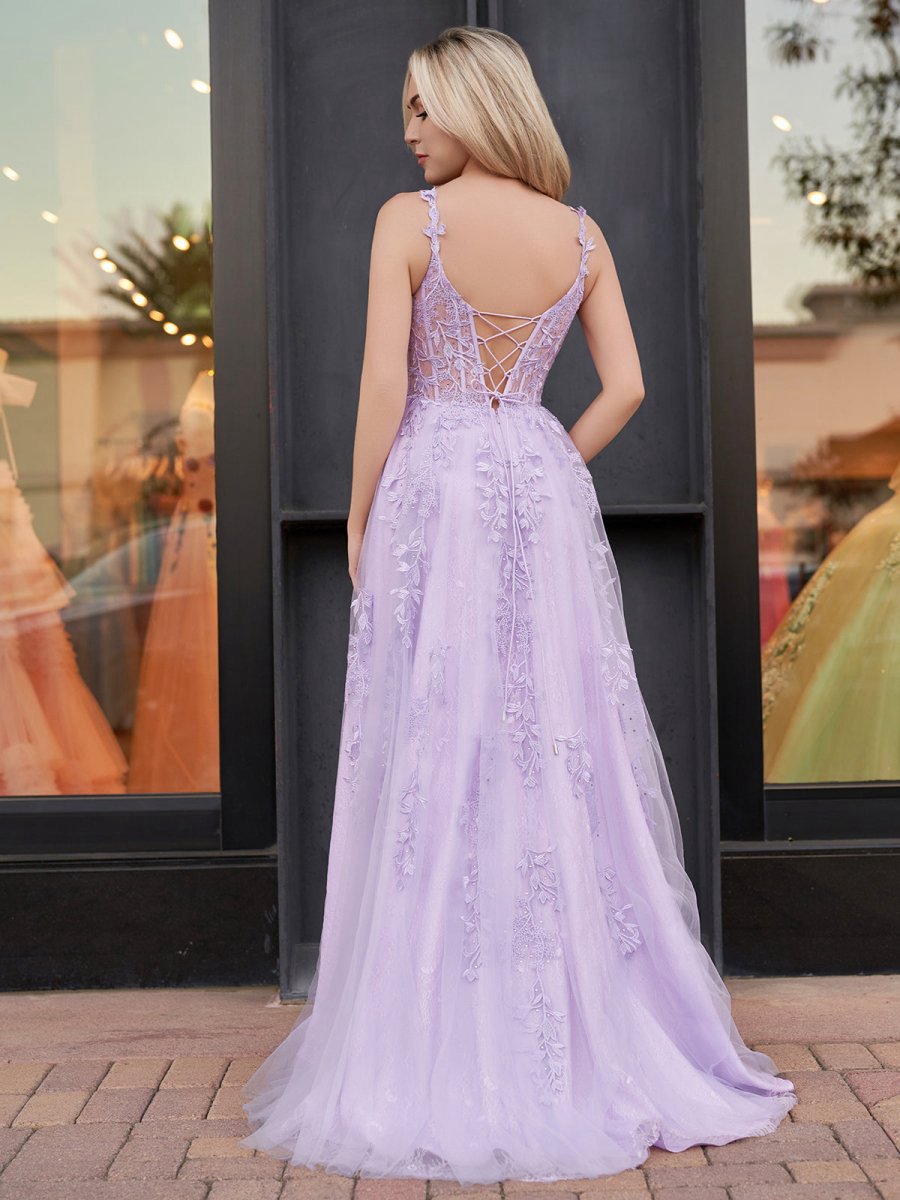 A-line Sweetheart Lace Tulle Prom Dresses with Slit