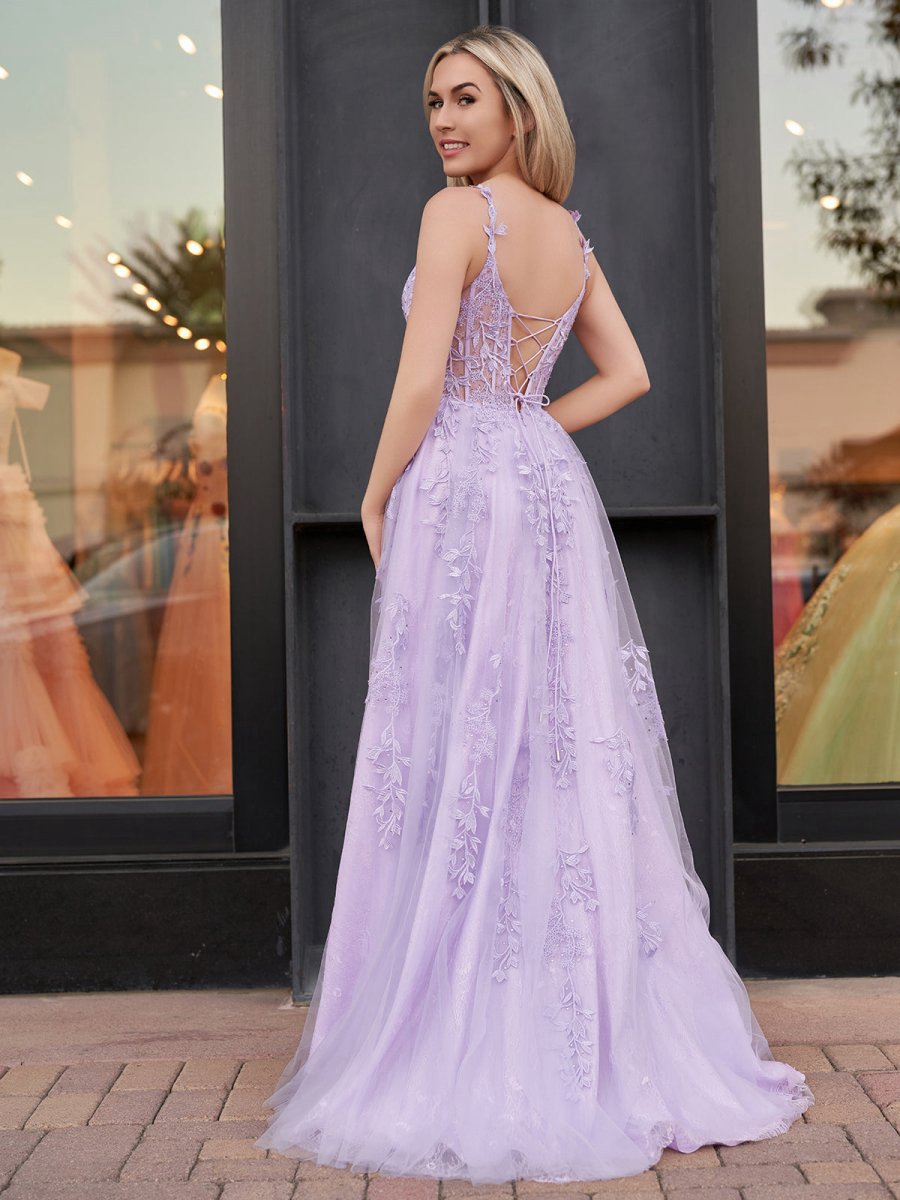 A-line Sweetheart Lace Tulle Prom Dresses with Slit