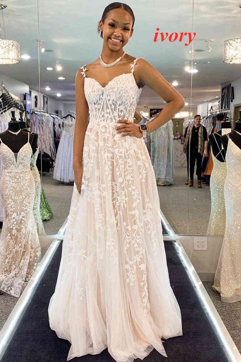 A-line Sweetheart Lace Tulle Prom Dresses with Slit
