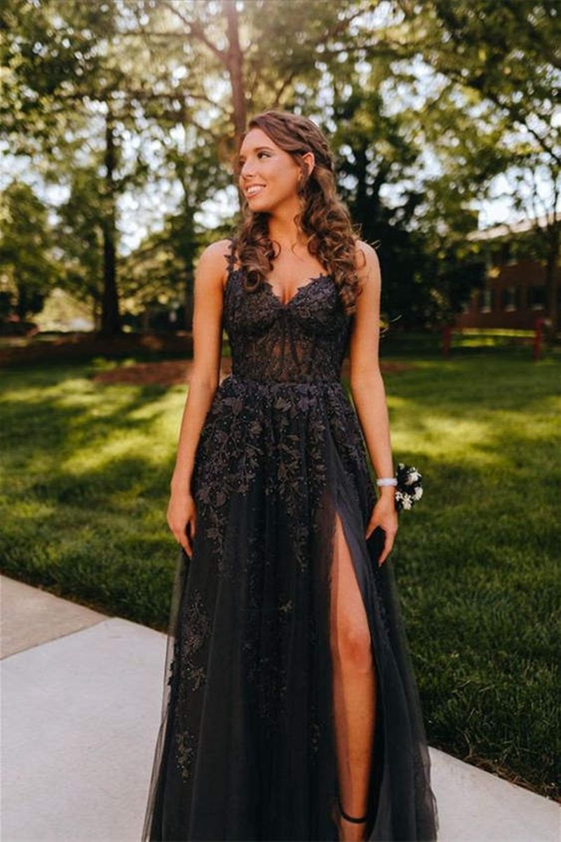 A-line Sweetheart Lace Tulle Prom Dresses with Slit