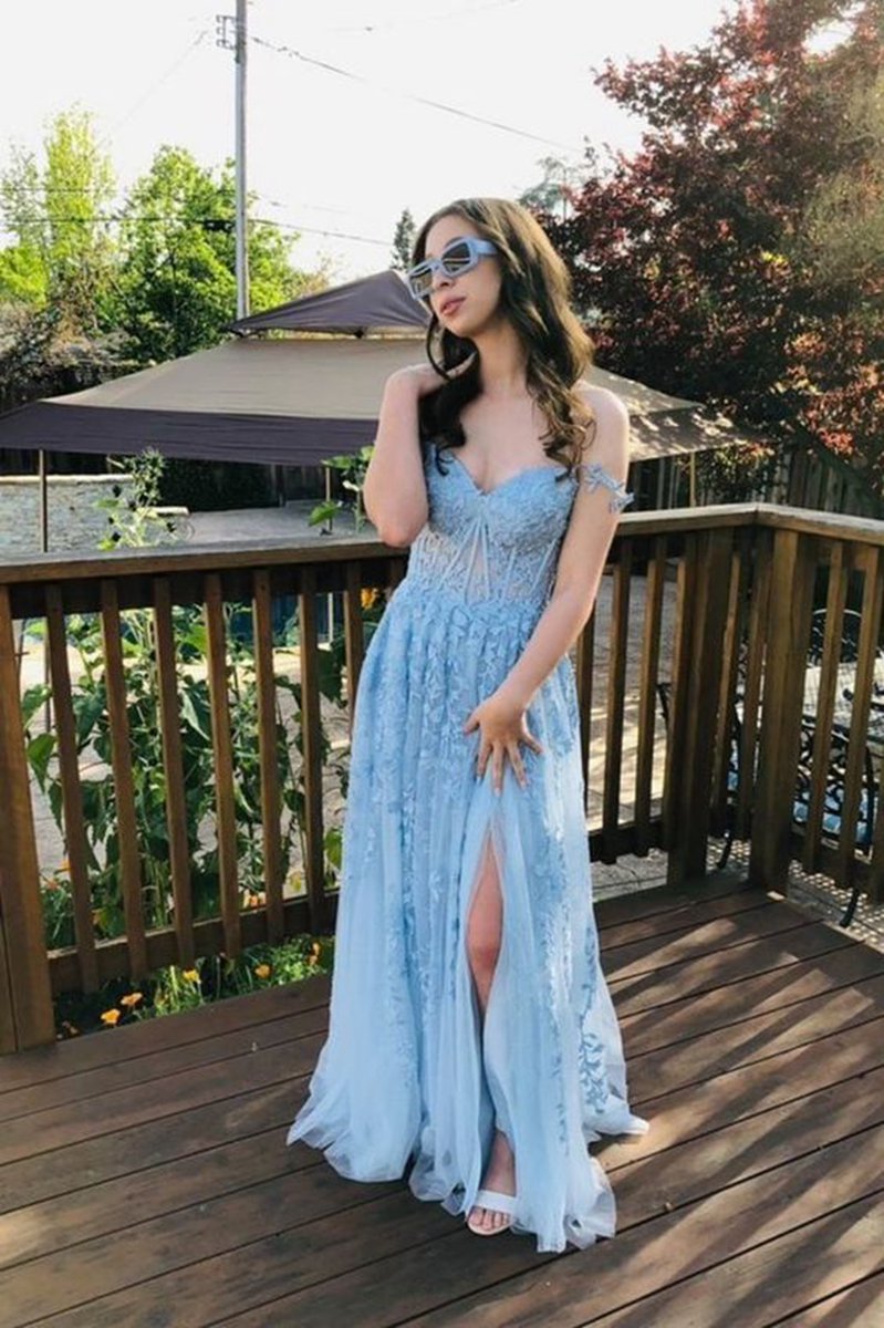 A-line Sweetheart Lace Tulle Prom Dresses with Slit
