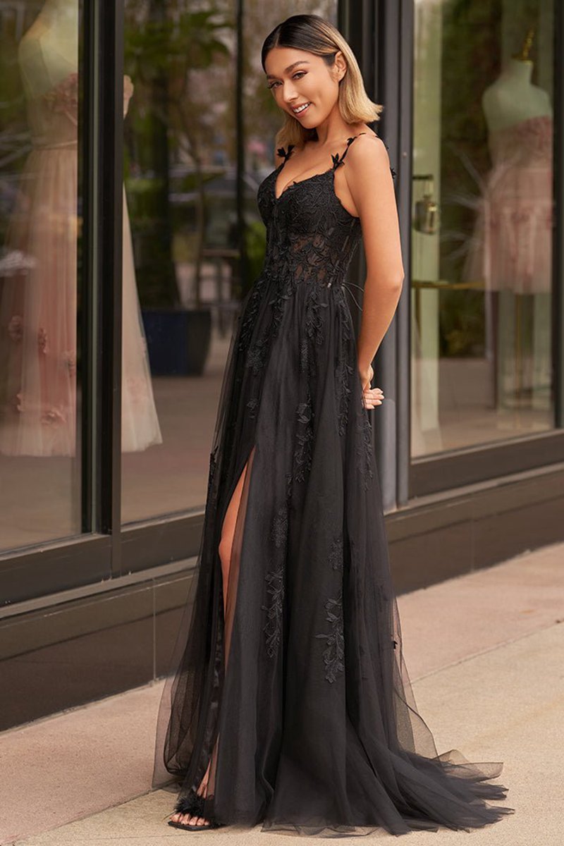 A-line Sweetheart Lace Tulle Prom Dresses with Slit